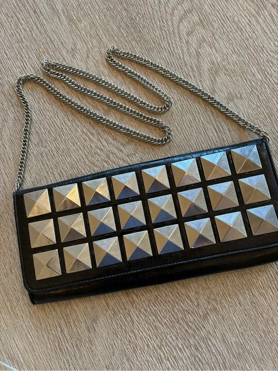 Stud Embellished Black Faux Leather Crossbody Clutch with Chain Strap