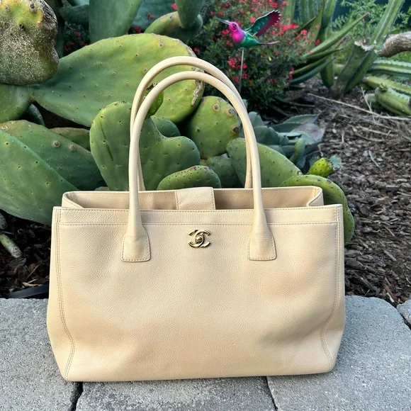 CHANEL Beige Caviar Leather Tote with Gold CC Logo