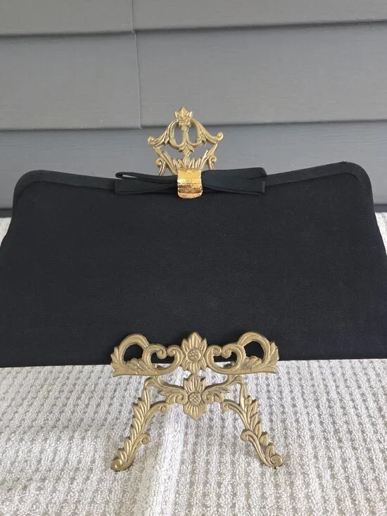 Vintage Black Satin Evening Bag Formal Gold Tone Clasp with Bow Hidden Chain