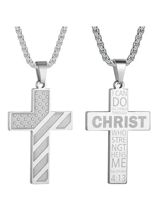 Silver American Flag Christ Cross Necklace Men Stainless Steel Box Chain 22 inch