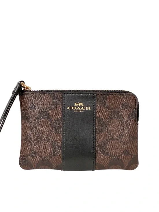 COACH Brown Black CORNER ZIP WRISTLET Leather Wallet