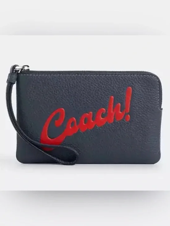 Coach Corner Zip Leather Wristlet NWT Navy with Red LOGO Script Accent