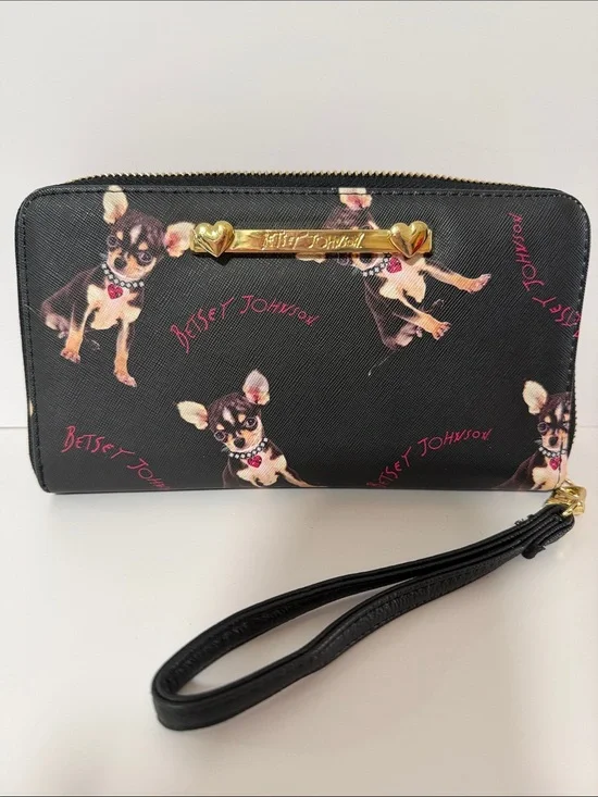 Betsey Johnson Black Chihuahua Print Wristlet Wallet