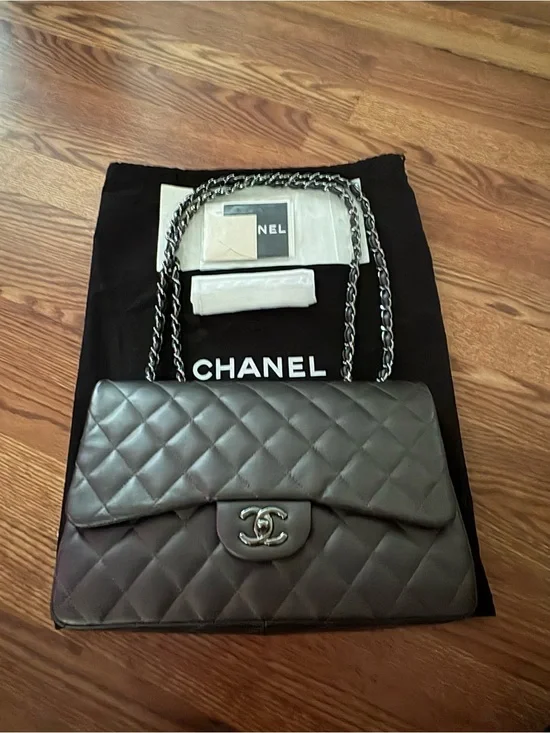 Chanel Medium Classic Double Flap Bag Gun Metal Grey Lambskin Silver Hardware
