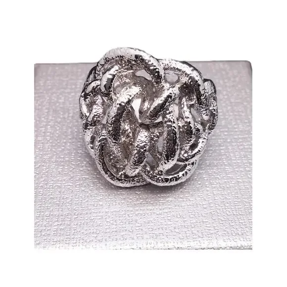Chunky Knotted Brutalist Ring Unisex Textured Silver Plated Vintage Modernist