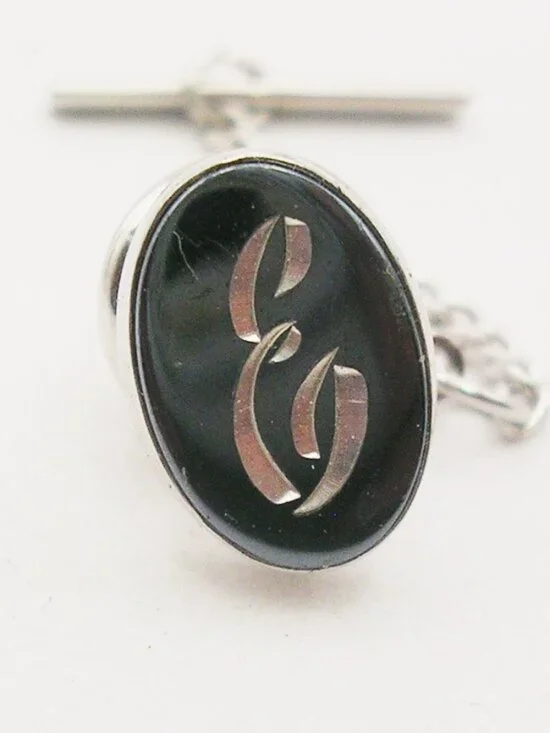 Initial E Tie Tack Pin with chain vintage Men's Formal Wedding Accessory