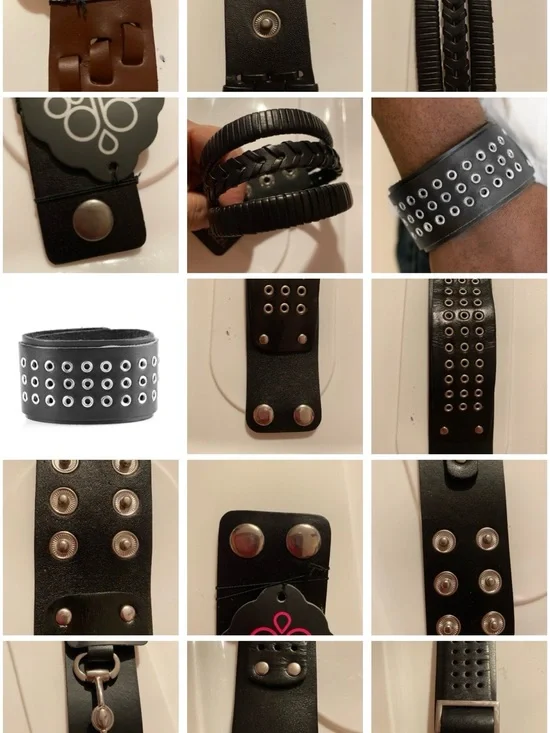 5 Bracelets Black, and Brown Leather Grommet Cuff Bracelets.