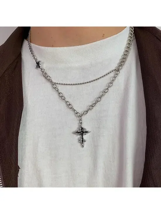 Cyber Y2k 2000s Vintage Style punk grunge crystal cross pendant necklace chain.