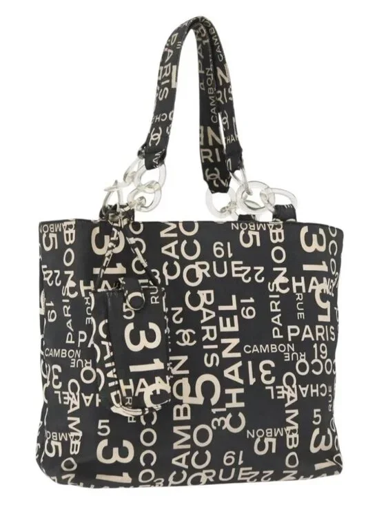 CHANEL By Sea Line Tote Bag Canvas Black Silver CC Auth 163519