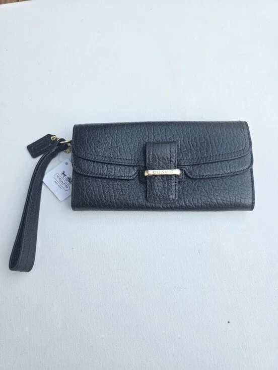 NWT Coach Madison Slim Flap Black Pebbled Leather Wristlet Clutch