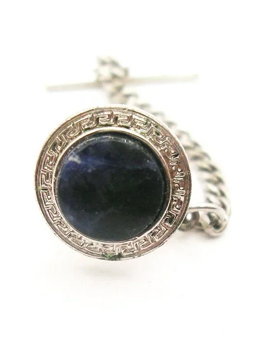 Vintage Tie Tack Pin with Chain Black Sodalite Gemstone classic Men Formal Wear
