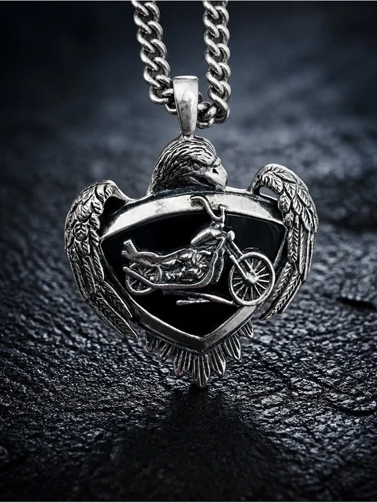 Vintage Silver Eagle Motorcycle Pendant Necklace - Black Accent Men’s Womens