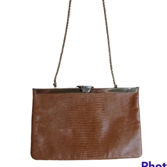 Vtg 60s Etra Lizard Leather Brown Clutch Purse Flat Shoulder Bag Gold Chain