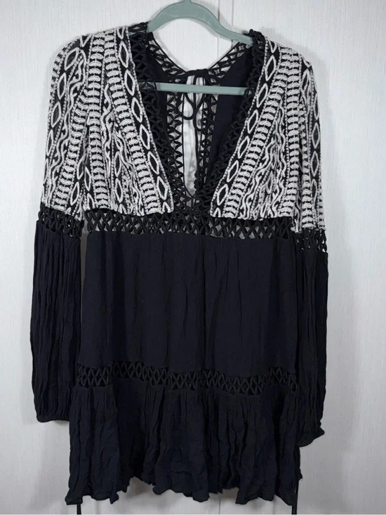 Free People Dusk Til Dawn Black White Embroidered Mini Dress Boho Western 12