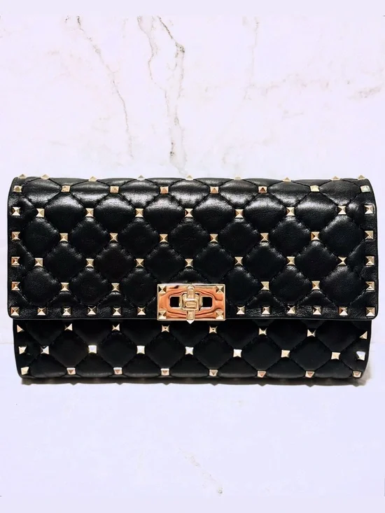 Valentino Garavani Black Quilted Studded Clutch - chain with Gold Hardware