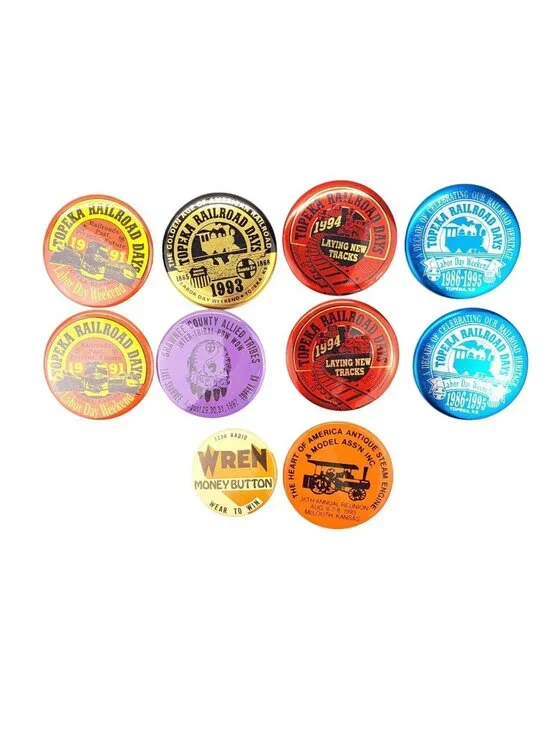 Vintage Topeka Kansas Buttons Lot Of 10 Railroad Days Wren Lake Shawnee Pow Wow
