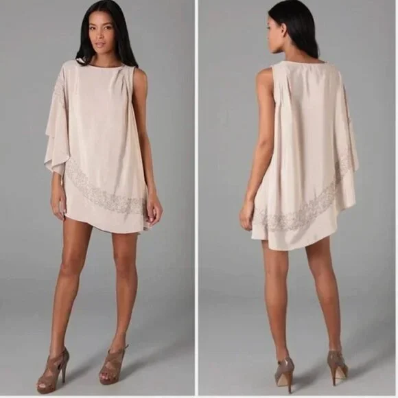 Free People Brighten Your Day Dress Mini One Sleeve Beaded Cream Size XS