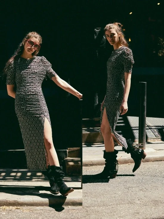 NWT Free People Briella Ruched Black‎ Purple Floral Combo Mesh Boho Midi Dress