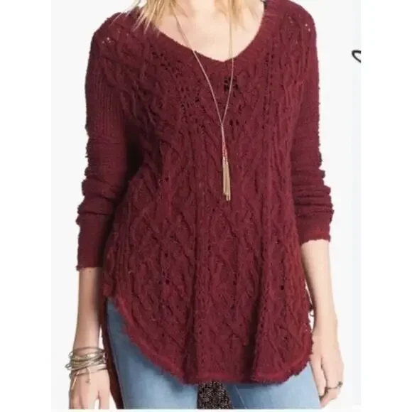 Free People Womens‎ Cable Knit Sweater Size XS Red Fall Boho Grunge Romantic