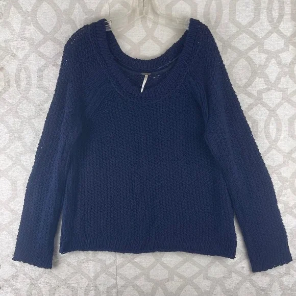 Free People Chunky Knit Women M Navy Blue Scoop‎ Neck Cotton Sweater
