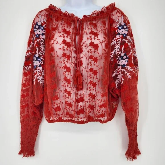 Free People Red Sheer Lace Floral Boho Top Womens XS Romantic Ethereal Fairy‎