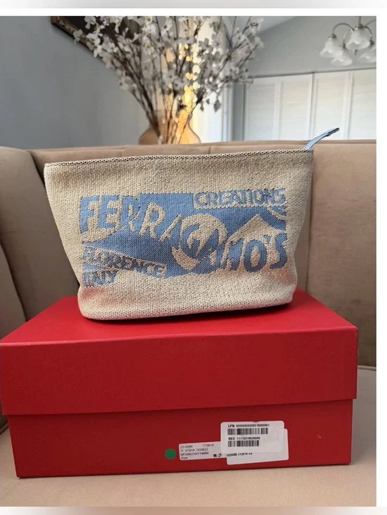 Salvatore Ferragamo Natural Canvas Pouch with Light Blue Logo