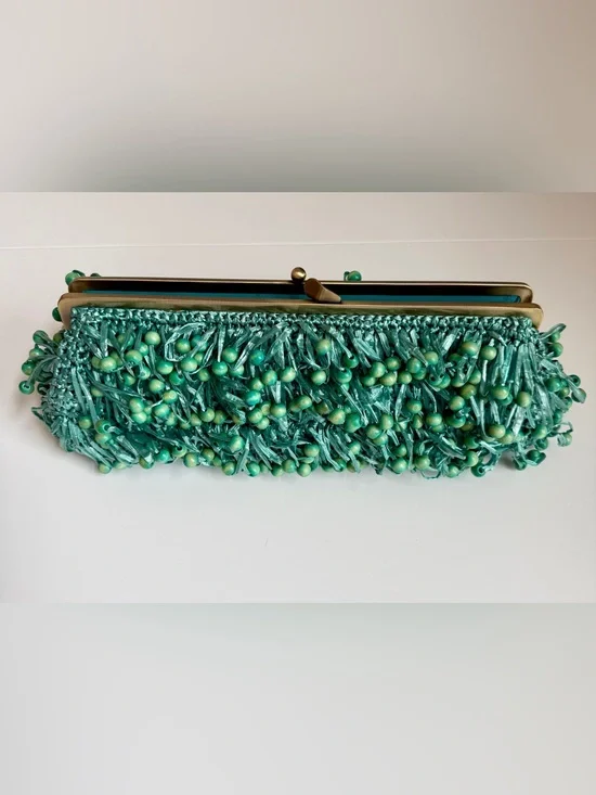 Trina Turk EUC Teal Raffia Beaded Frame Clutch Matching Mirror