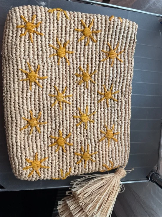 Handwoven Straw Clutch with Mustard Star Embroidery
