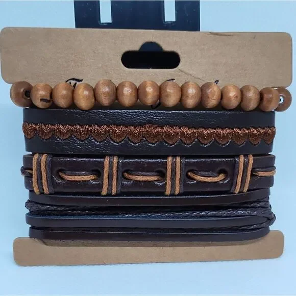 Men's leather bracelets set 4pc layered braided beaded brown new d102‎