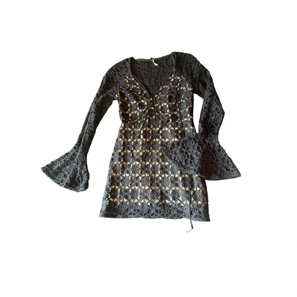 Free People Lace Mini Dress Black Bell Sleeve Boho Lace-Up Front Floral Crochet