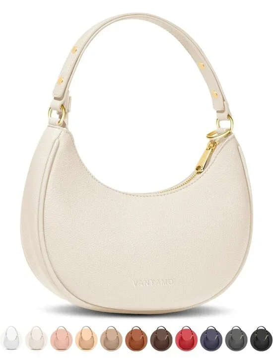 Vantamo Women's Bag White Half Moon Clutch with Anti-Theft Clip for Extra Safety