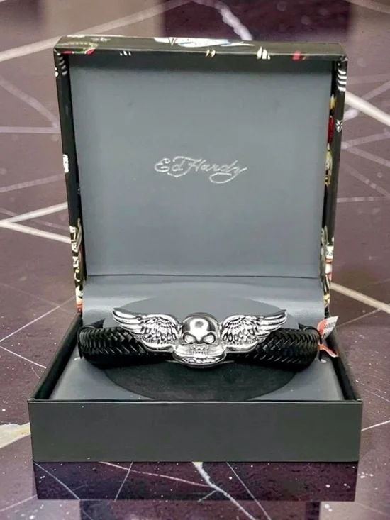 Ed Hardy Stainless Steel Silver Skull With Wings Black Leather Bracelet 8.5