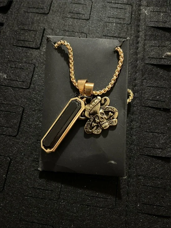 Gold-Tone Men’s Necklace with Black Stone and Skull Charm