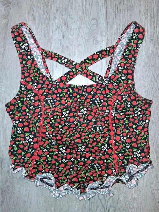Free People Red Strawberry Fruit Black Corset Tank Top Ruffled Shirt Size Large