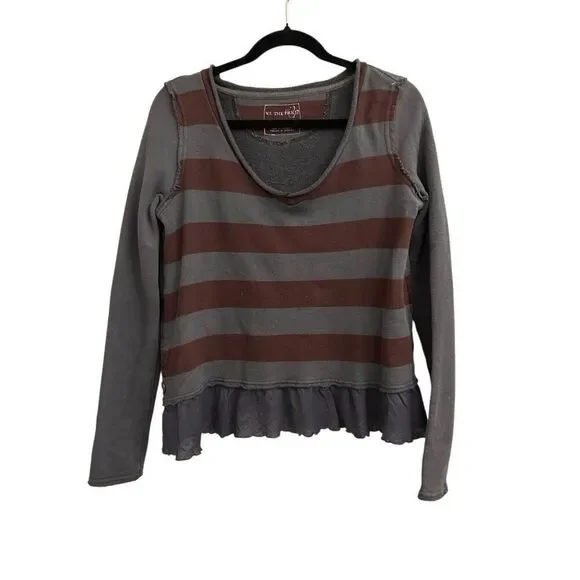 We The Free Multi Media Striped Sweater with ruffle hem Sz XS Preppy Academia