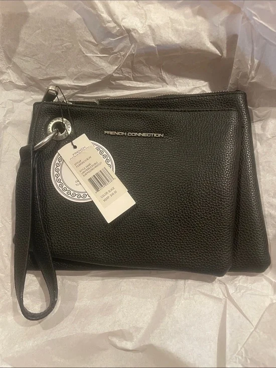 French Connection Laura Black Pebbled Double-Pouch Wristlet NWT