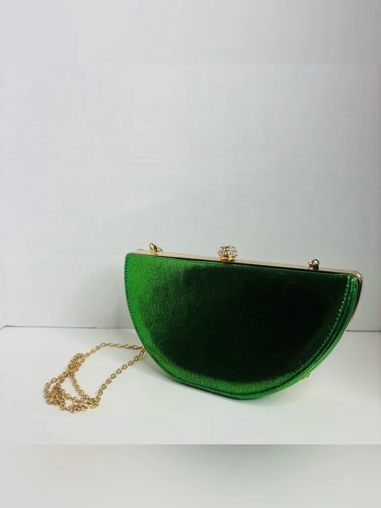 Green Velvet Half-Moon Clutch with Gold Chain
