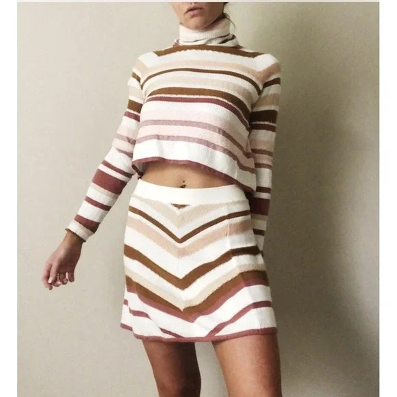 NWT Free People Stripe Turtleneck Sweater &‎ Chevron Mini Skirt Set XS Neutral