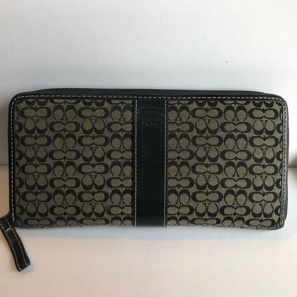 COACH Black Gray signature canvas leather trim wallet wristlet Vintage Beauty