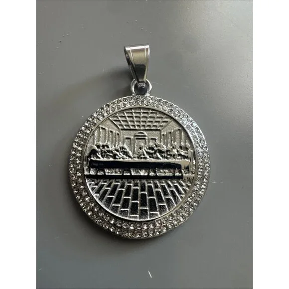The Last Supper Jesus Christ Silver Tone Pendant 24 Inch Chain Cubic Zirconia