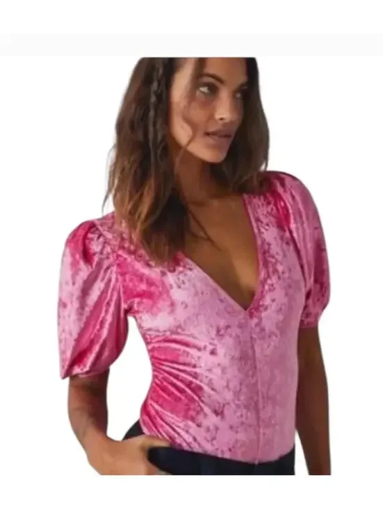 Free‎ People sz XS pink crushed velvet short sleeve stretch body suit D new tags