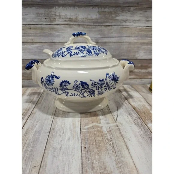 Vintage Blue Onion Ceramic Soup Tureen with Lid and Ladle Blue White Floral READ