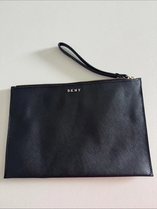DKNY Black Leather Wristlet Pouch with Gold Logo NWOT