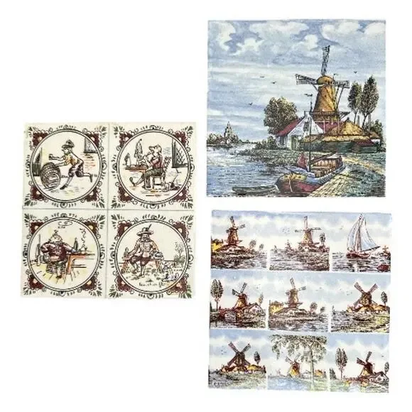 Set of 3 Vintage Delft Hand Painted Unique Colorful 6” Ceramic Tiles