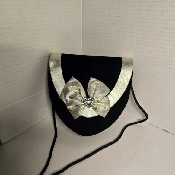 Black Velvet Evening Bag Gold‎ Bow Rhinestone Accent Clutch