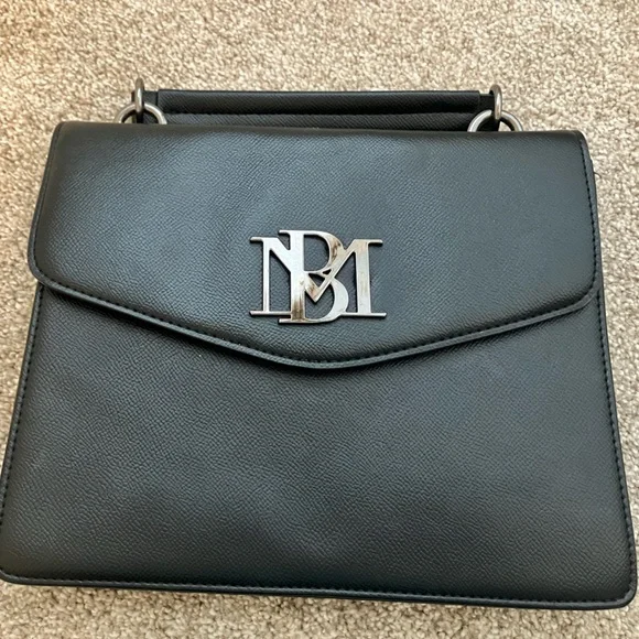 Badgley Mischka Black Clutch Silver Logo Handle Zipper Pocket Monogram
