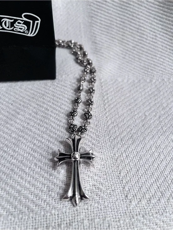 Chrome Hearts Floral Bead Silver Cross Pendant Necklace