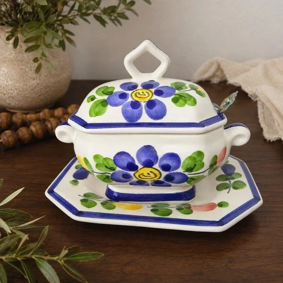 Vintage Portuguese Floral Ceramic Covered Dish Tray Jay Willfred Andrea by Sadek