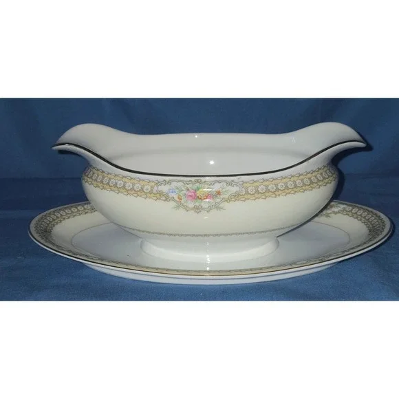 Noritake China Rodista 590 Gravy Boat Attached Underplate Vintage Japan Gold