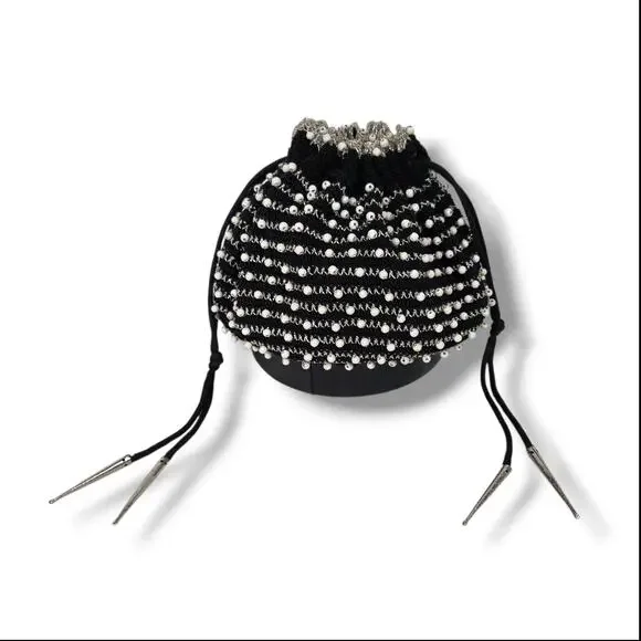 Vintage Drawstring Bag Mad Men 1950s Evening Purse Black Tie White Beaded Silver